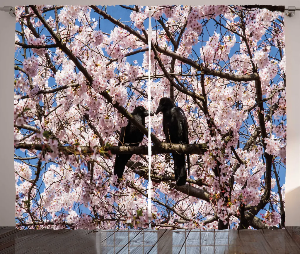 ABAKUHAUS Rideau Black Crow Oiseaux Cerisier en Fleurs 280x225 cm
