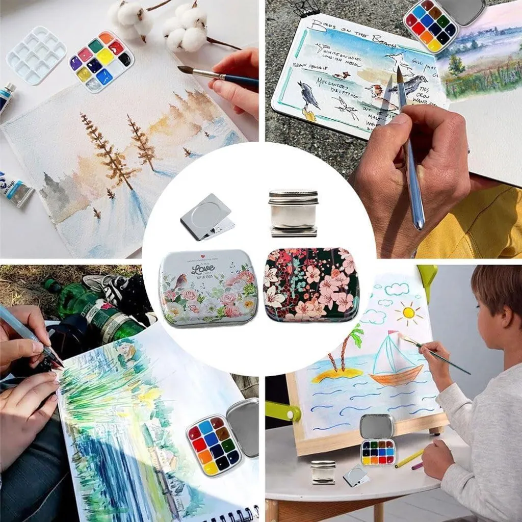 Boîte aquarelle vide en métal, set de 2 palettes 12 et 24 godets noirs
