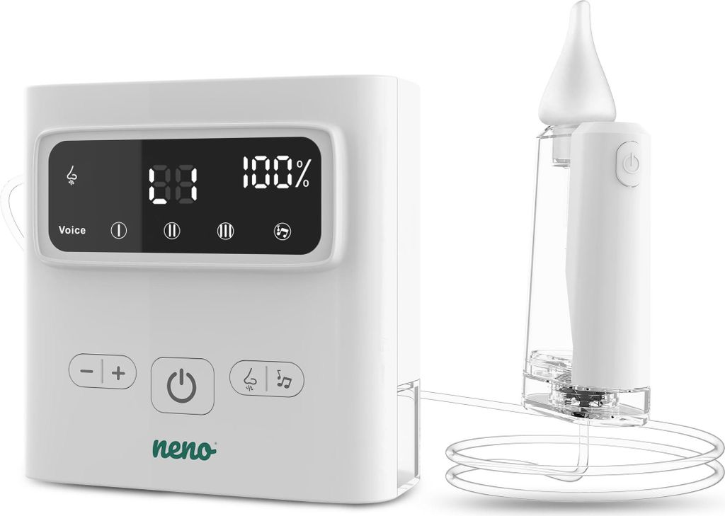 A white electric nasal aspirator with a digital display and controls, shown next to its detachable suction tip.