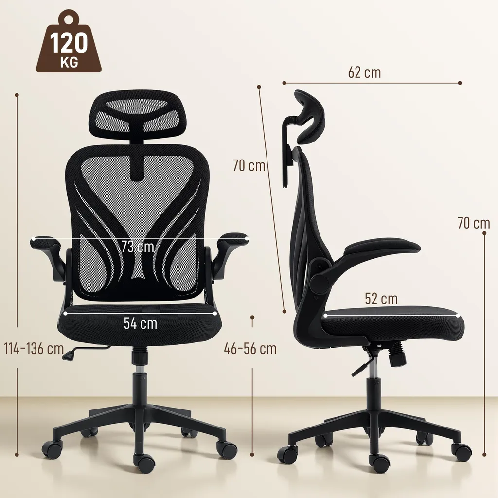 Chaise télétravail ergonomique, dossier pliable et appui-tête réglable