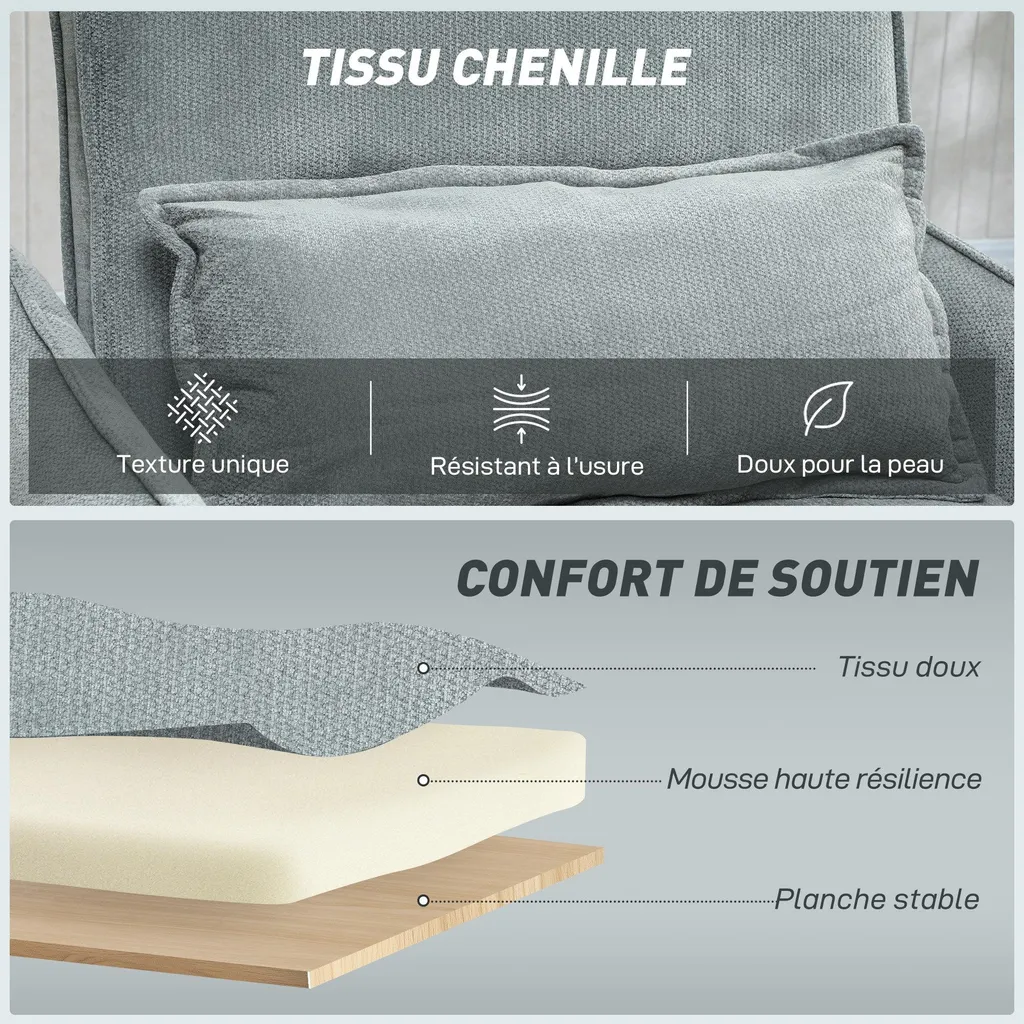 Chauffeuse convertible 1 place, fauteuil-lit en chenille grise douce - 8