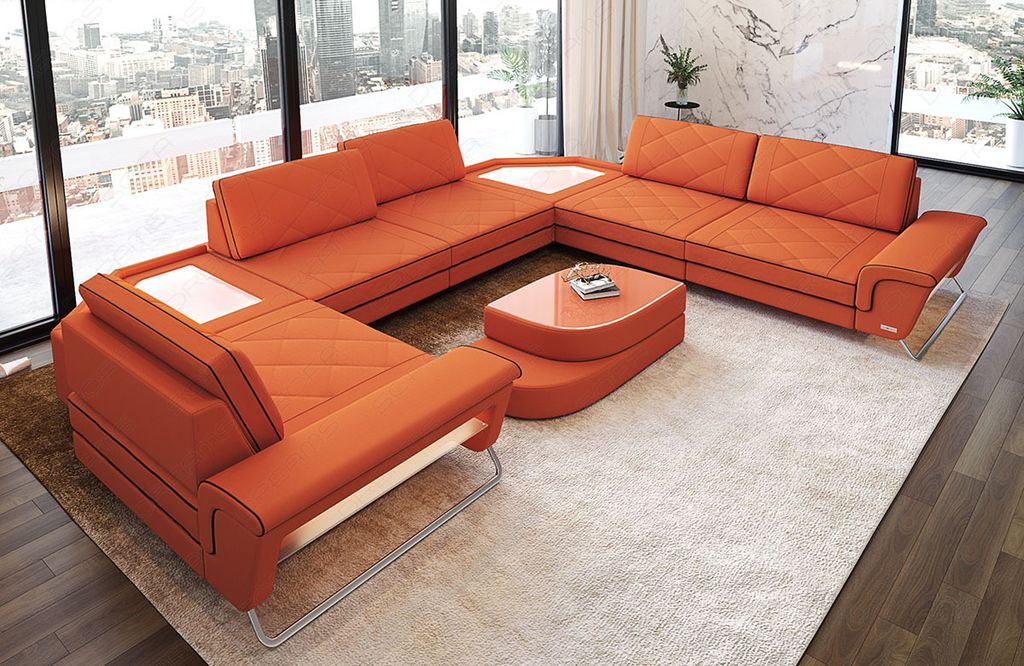 Sofa Wohnlandschaft Sepino mit Licht USB Webstoff Strukturstoff