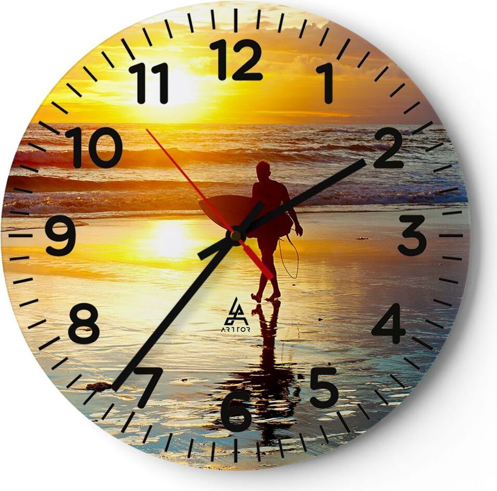 Wanduhr - Rund - Glasuhr - Surfer sonnenuntergang ozean brett - 30x30cm - Schleichendes Uhrwerk - Lautlos - zum Aufhängen bereit - Dekoration Mode...