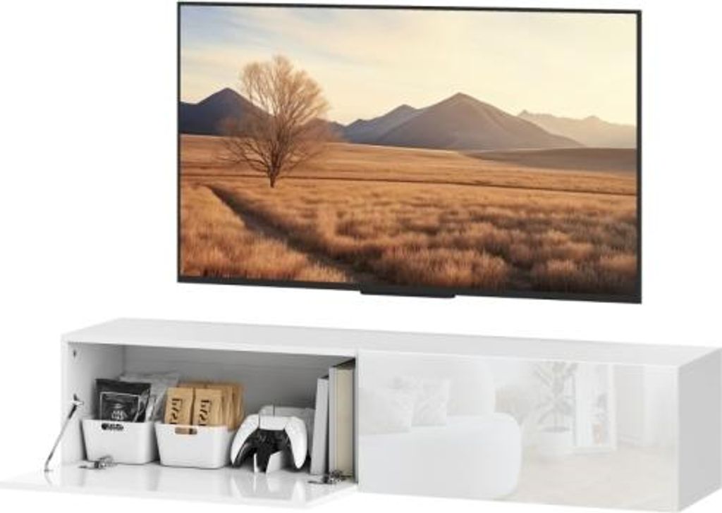 TV Schrank Haengend 140x33x29,8cm Weiss Lowboard Stauraum Fernseher 65 Zoll Wohnzimmer Standschrank Tisch Staender Fernsehschrank Beistelltisch