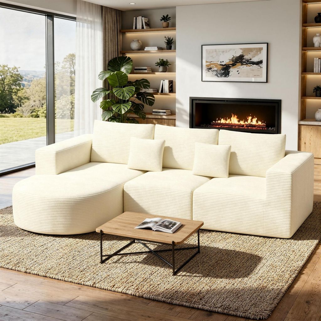 Aivermeil Modernes L-Sofa in L-Form – Cloud-Couch aus Cord für das Wohnzimmer montagefrei inklusive zwei Kissen, 264x177 cm, Beige, Linke Recamiere