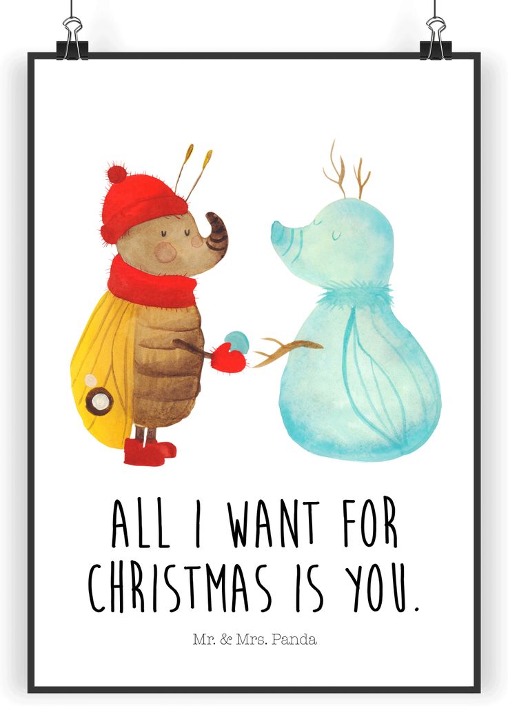 Mr. & Mrs. Panda Bild Nachtfalter Schneemann DIN A4 - Weiß - Geschenk, Winter, Kunstdruck, drucke, Weihnachtsgruß, wanddeko, Weihnachten, Schnee,...