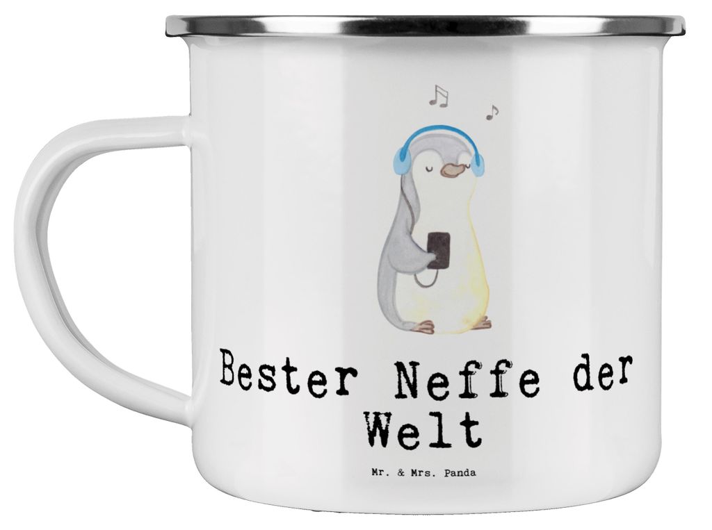 Mr. & Mrs. Panda Pott Pinguin Bester Neffe der Welt - Weiß - Geschenk, Taufe, Tante, Onkel, Emaille Tasse, Teetasse, becher, Blechtasse, Patentant...