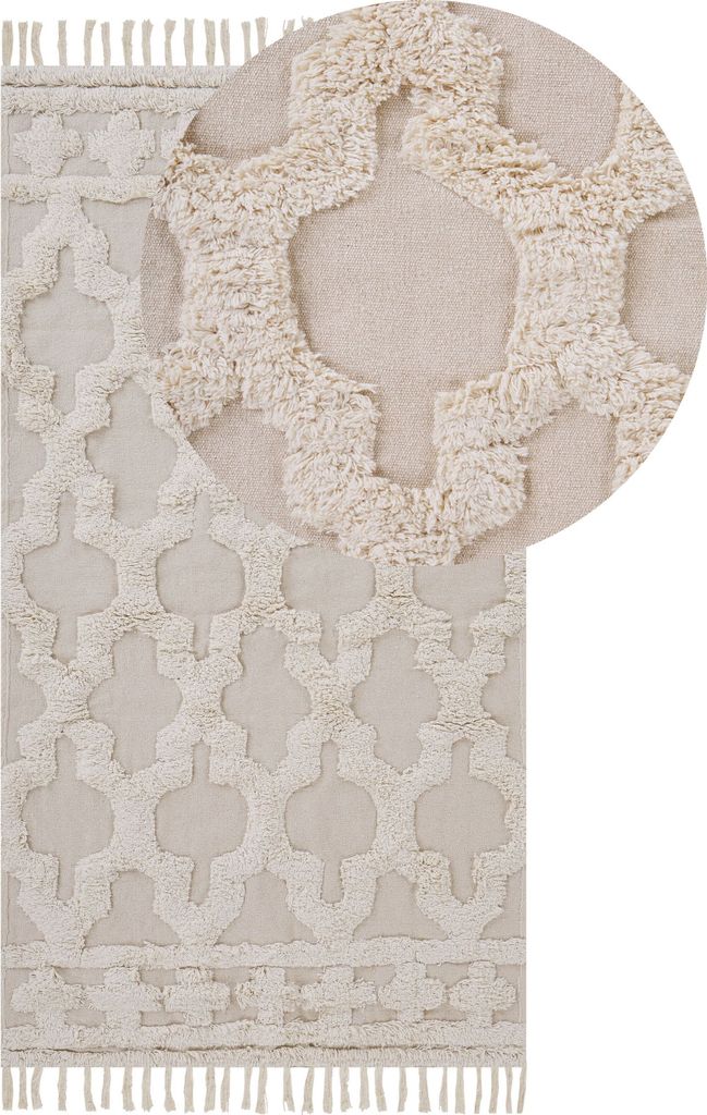 BELIANI Teppich Beige Baumwolle Rechteckig 80 x 150 cm Marokkanisches Muster Fransen Getuftet Skandinavisch Kurzhaar Kurzflor Wohn- und Schlafzimmer