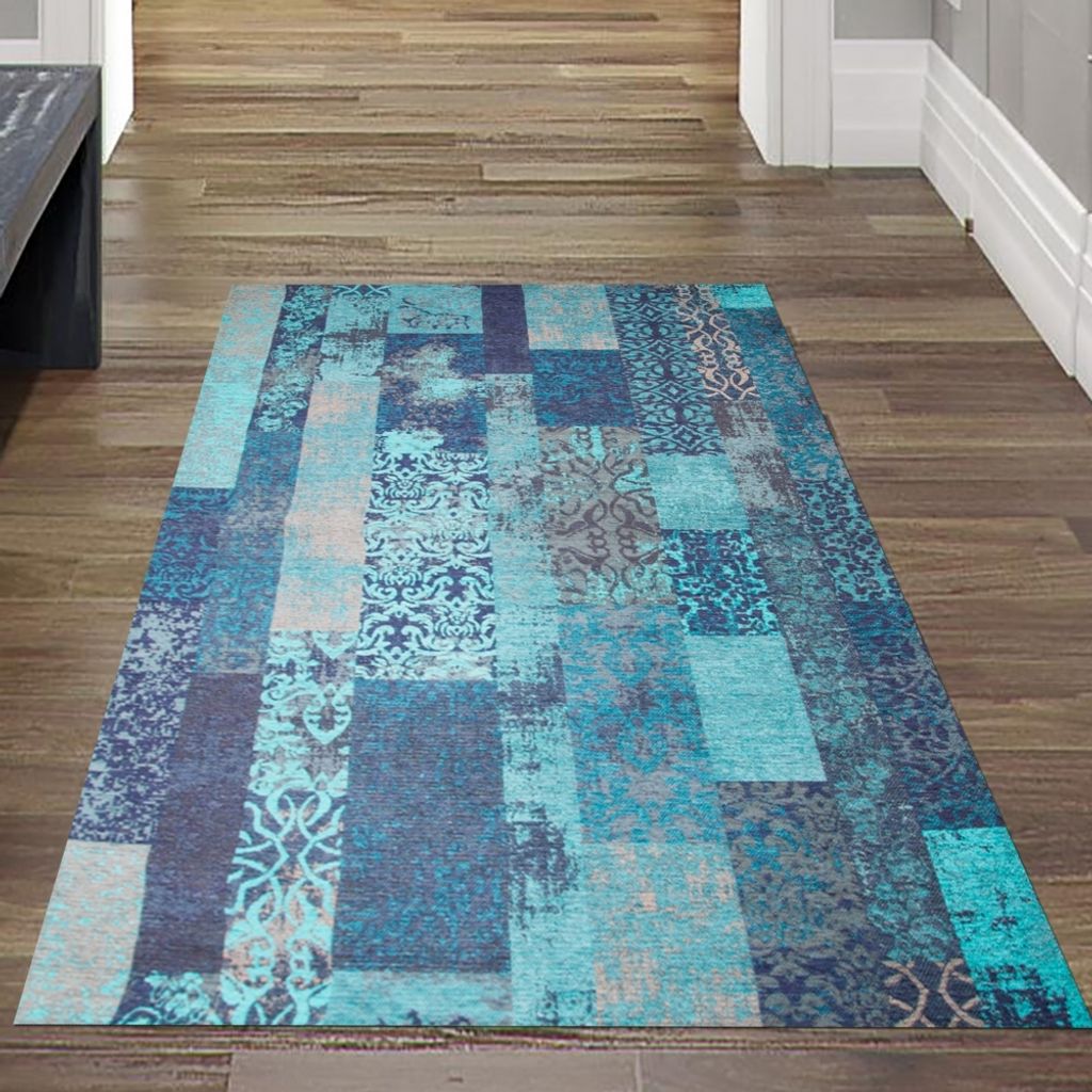 Moderner Läufer - 80 x 250 cm - mit orientalischem Karomuster in frischem Türkis Blau und Schwarz: Orientalische Eleganz Größe - 80 x 250 cm