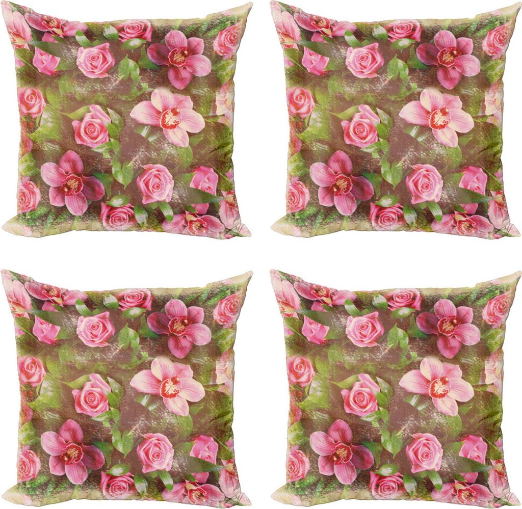 ABAKUHAUS Shabby Flora Kissenbezug Set (4 Stück), Retro Flora Romantik, Moderner Doppelseitiger Digitaldruck, 45 cm x 45 cm, Grün, Rosa, Hellrosa