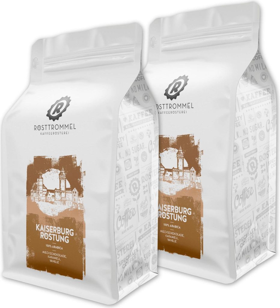 RÖSTTROMMEL Kaiserburg, KAFFEE, Ganze Kaffee-Bohnen 2x1kg, 100% Arabica, Röstung 4/10, Brasilien, Geschmack: Milchschokolade - Karamell - Vanille...