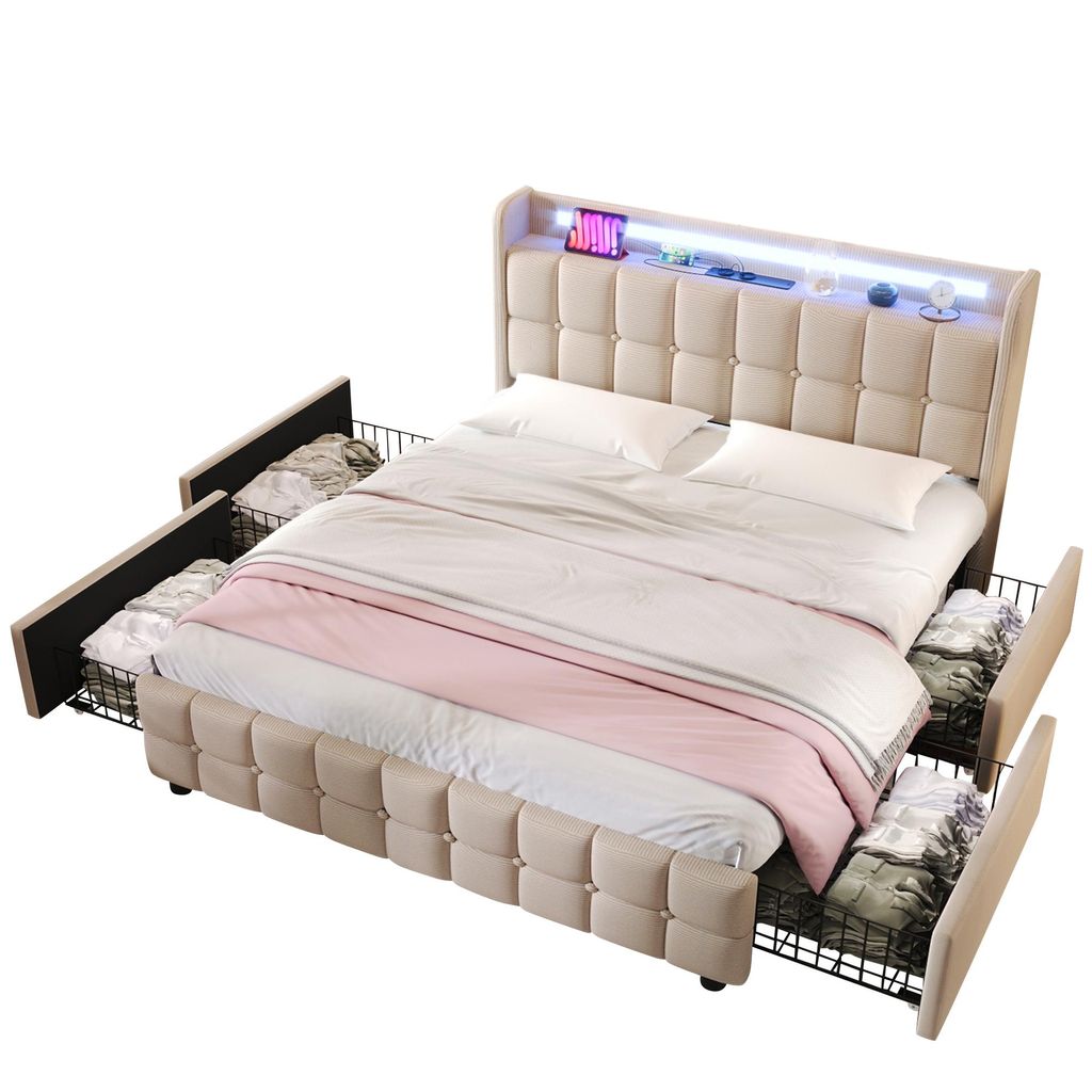 okwish Polsterbett mit Lade-USB-Ladefunktion, Kopfteil und LED-Beleuchtung und 4 Schubladen, Doppelbett 180x200 cm, Stauraum, Bettgestell, Holzlatt...