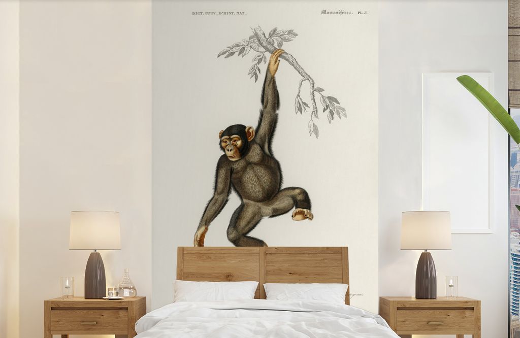 MuchoWow Fototapete für Wohnzimmer oder Schlafzimmer Wandtapete Vinyl Motivtapete Affe - Vintage - Zweig - 150x240 cm - Tapeten