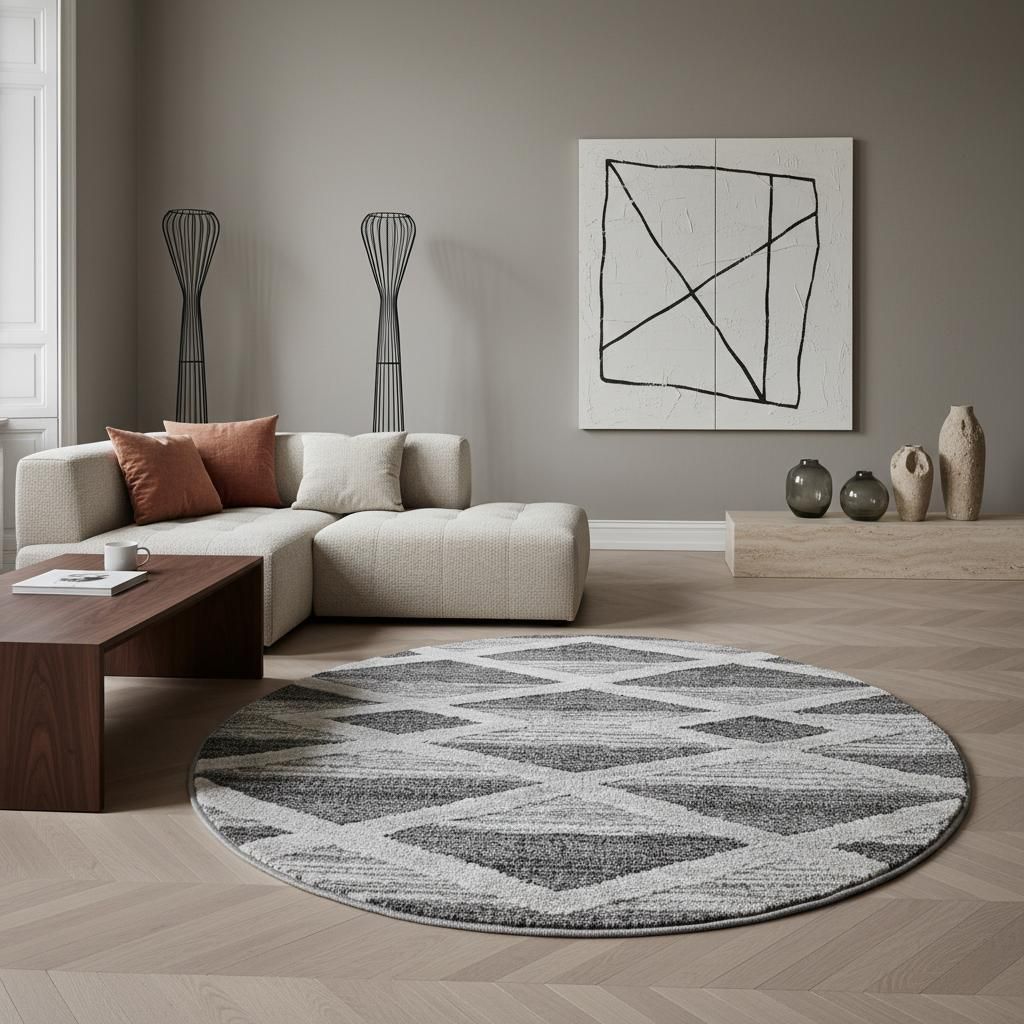 3D-Teppich Geometrisch Pflegeleicht Waschbar Strapazierfähig | Rund Grau 200x200 cm Wohnzimmer Fußbodenheizung | GENF – Kadima Design