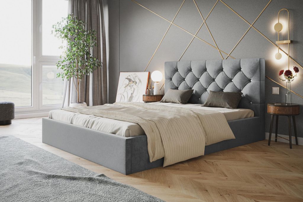 Bett Boston 180x200 mit Bettkasten und Holzrahmen, Jasminstoff, Grau
