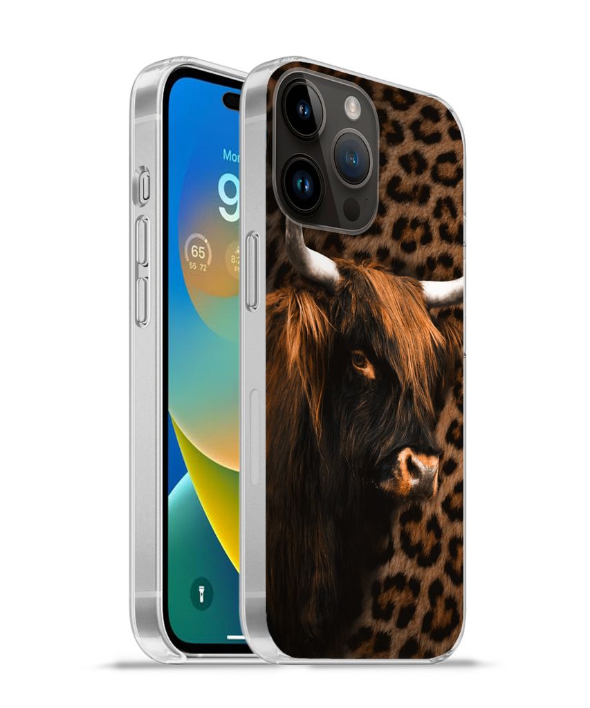 MuchoWow Handyhülle Schutzhülle Hülle für Apple iPhone 14 Pro Max Schottischer Highlander - Pelz - Pantherdruck Silikon Softcase Handy Hülle...