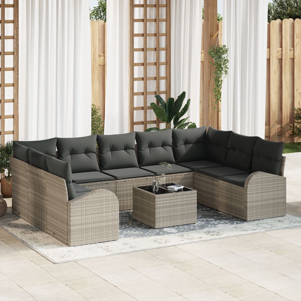 10-teiliges Garten Sofa Set mit Kissen Graues Poly Rattan, Gartensofas DesignMöbel Neu
