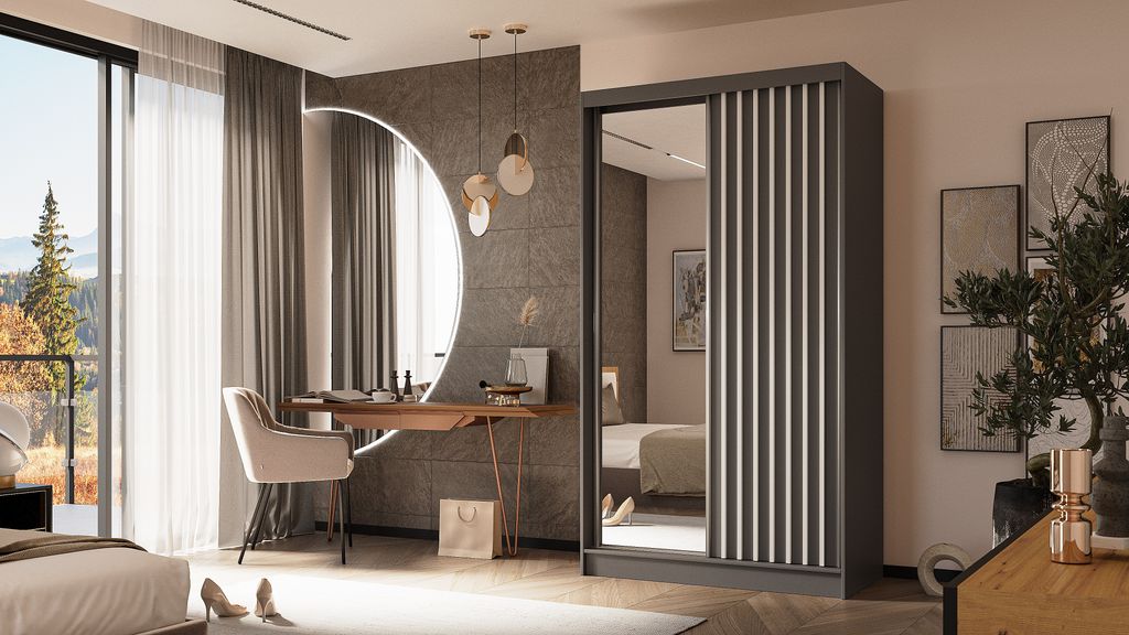 ALTDECOR Kleiderschrank mit Spiegel und Schiebetüren, kugelgelagerte Führungsschienen und Aluminium-Leisten - LAMELO - 120 cm - Grau/Grau/Weiß