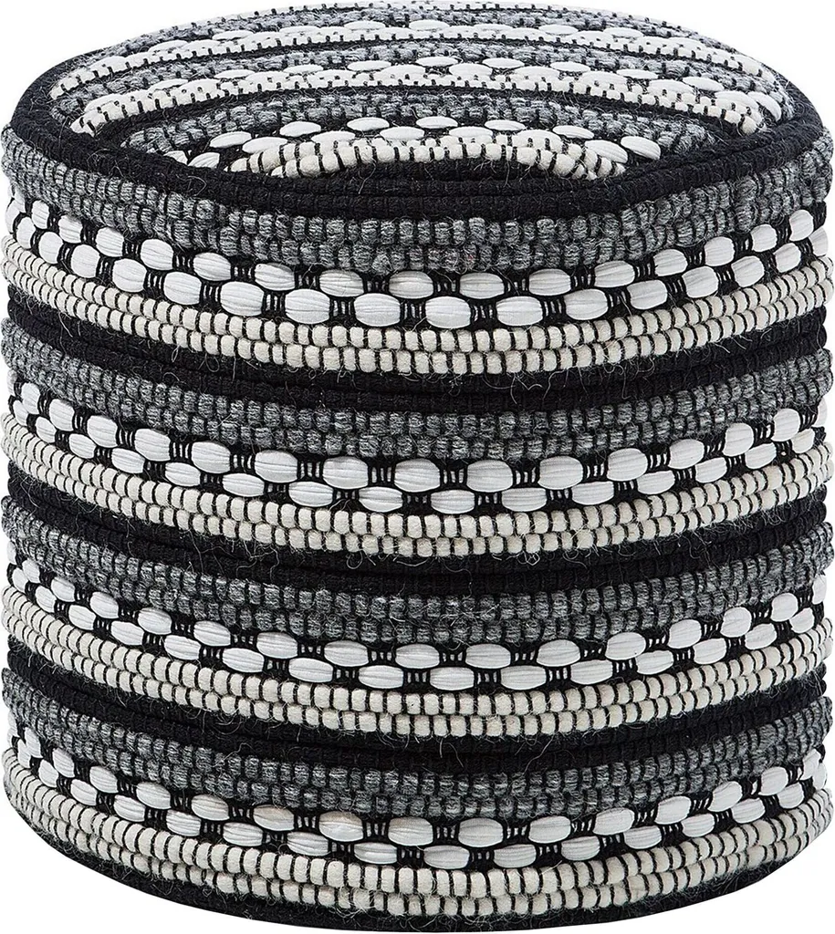 Pouf rond noir et blanc en laine style boho chic - Diamètre 50cm