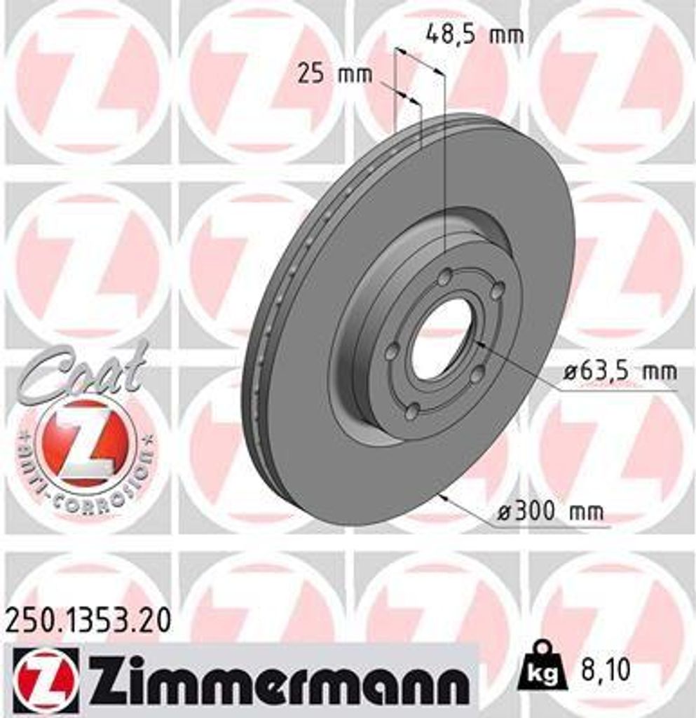 ZIMMERMANN 250.1353.20 Bremsscheibe OE 1223664 kompatibel mit V50, V40, S40, C70, C30, Transit, Tourneo, Kuga, C-Max, Focus