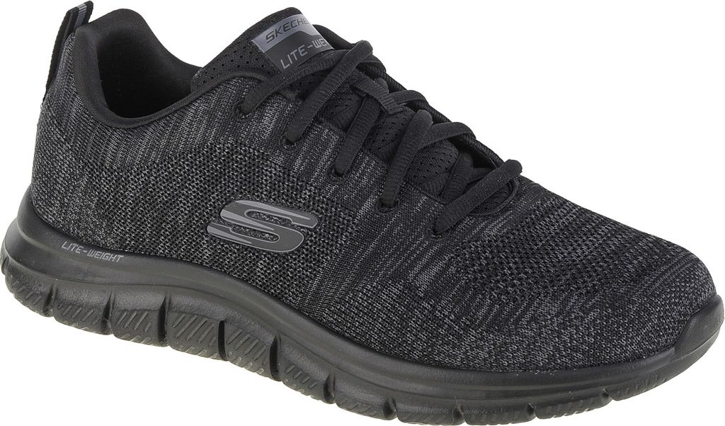 A black Skechers men's sneaker is shown from a side angle against a white background.