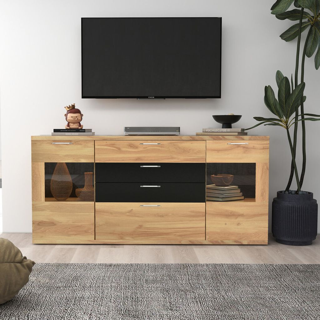 (Holzfarbe) Sideboard Kommode Anrichte Standschrank Lagerung Schrank Schrank Einheit mit 7 Farben LED-Leuchten für Esszimmer Wohnzimmer