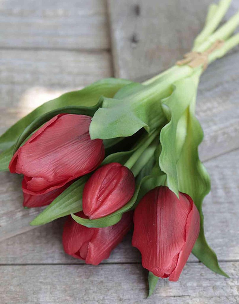 artplants.de Tulpen Blumenstrauß künstlich Leana, rot, 25cm, Ø20cm - Kunstblumenstrauß/Textilblumen