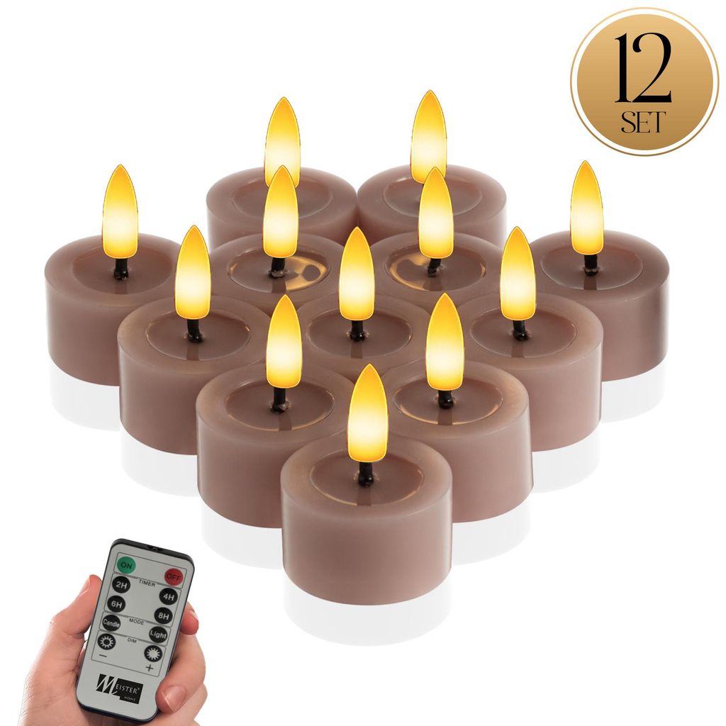 Meisterhome LED Teelichter 12er-Set – Flammenlose Kerzen aus Echtwachs – Ø 4,5 cm, Höhe 2,5 cm – Warmweißes flackerndes Licht – Mit Ti...