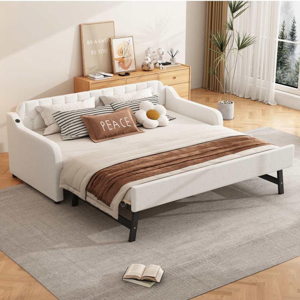 Graues Schlafsofa mit USB-Anschluss, Tagesbettfunktion, ausziehbares Rollbett – ideales Gästebett für Ihr Zuhause, platzsparend 90x200 cm