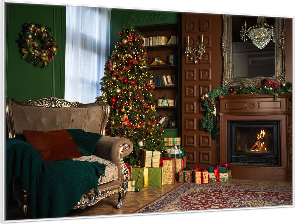 Wallario Wandbild Weihnachtszauber im Wohnzimmer, Größe: 61 x 91,50 cm, Poster mit weißem Aluminiumrahmen