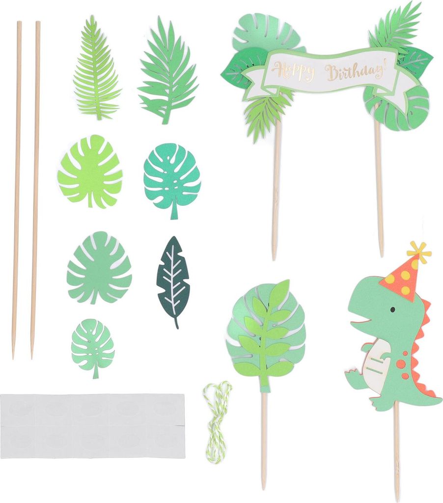 4 Set Dinosaurier-Kuchenaufsatz, grünes Palmenblatt, alles Gute zum Geburtstag, englische Kartendekorationen, Party-Dekoration