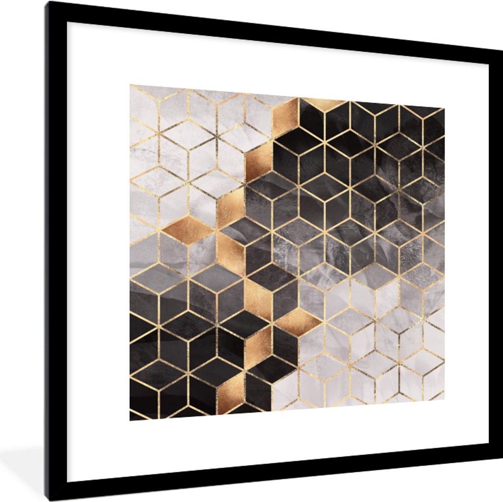 MuchoWow Gerahmtes Poster Abstrakt - Würfel - Gold - Muster - Schwarz - Weiß 40x40 cm - Poster mit Schwarzem Bilderrahmen Wandposter Rahmen Fot...