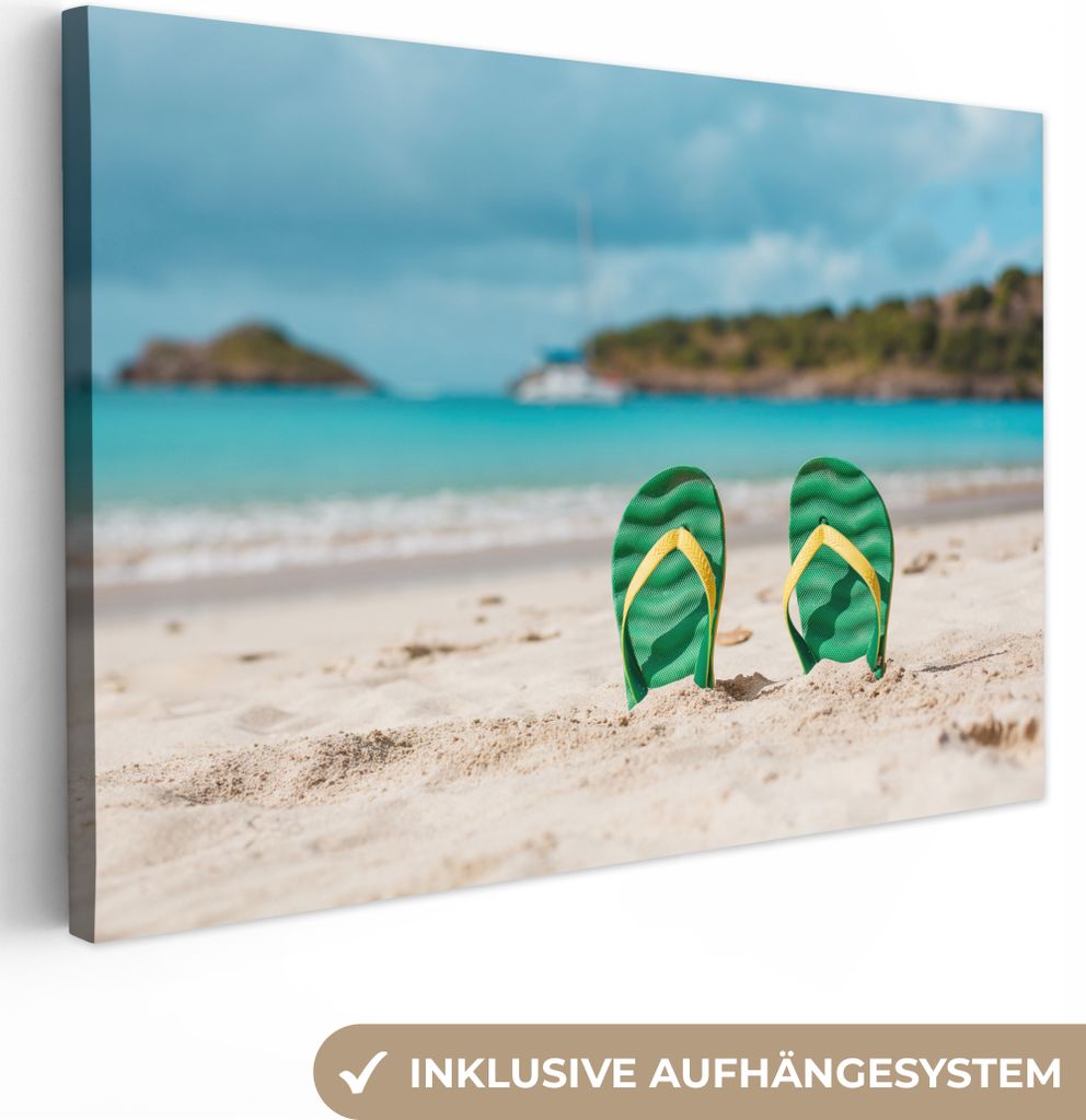 OneMillionCanvasses - Leinwandbilder - 150x100 cm, Strand - Pantoffeln - Grün, Wandbilder Kunstdruck Wanddekoration