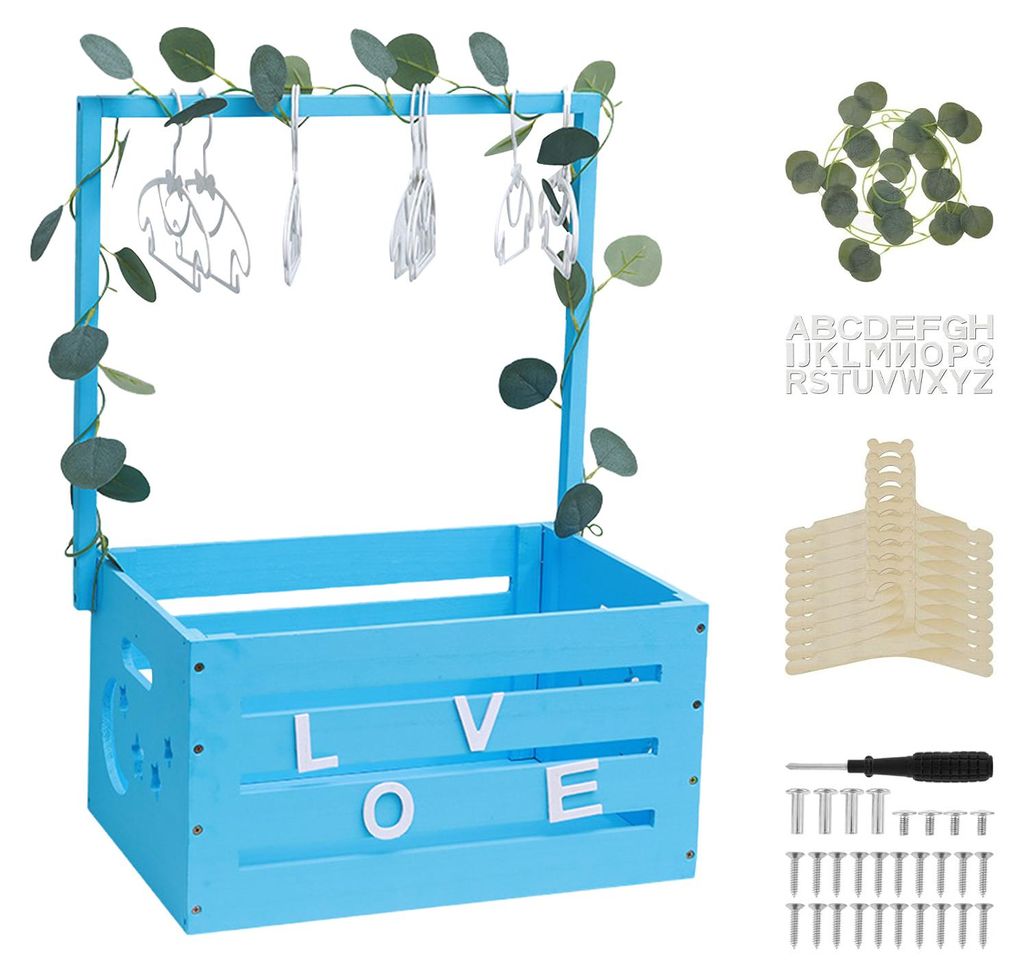 Babyparty-Geschenkbox aus Holz mit Kleiderbügeln, Aufbewahrungskiste für Babygeschenke, Tragegriff und Girlande für Neugeborene