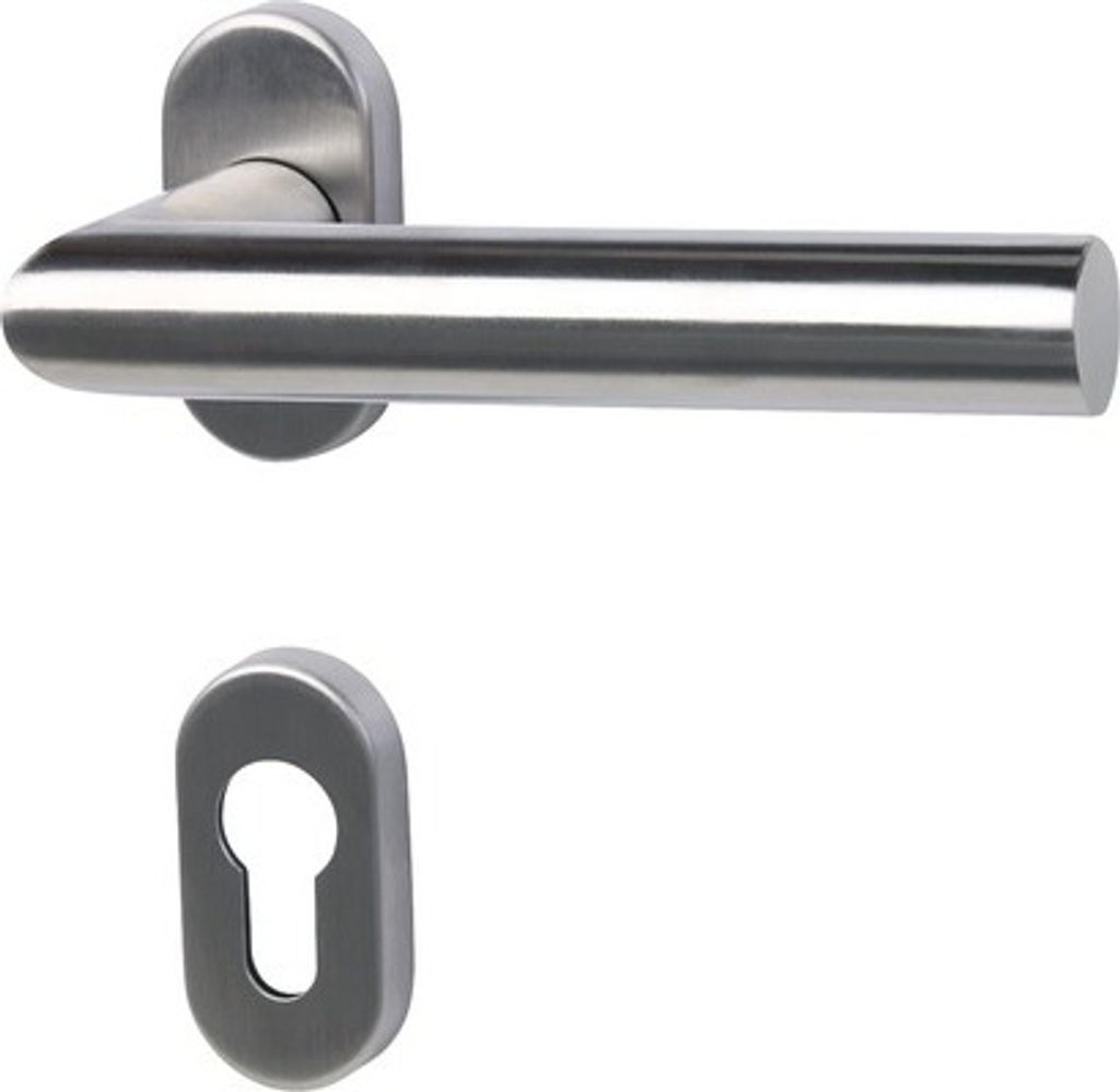 A stainless steel door handle and keyhole escutcheon on a white background.