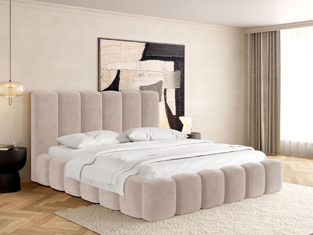 Polsterbett 180x200 mit Bettkasten und Lattenrost – Creme Bett mit hohem Kopfteil, Boucle oder Samt Stoff - Modernes Doppelbett mit Stauraum – ...