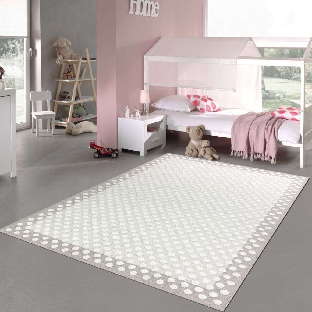 Kinderzimmer Teppich Babyzimmer gepunktet weich 3d-effekt grau creme Größe - 240 x 340 cm
