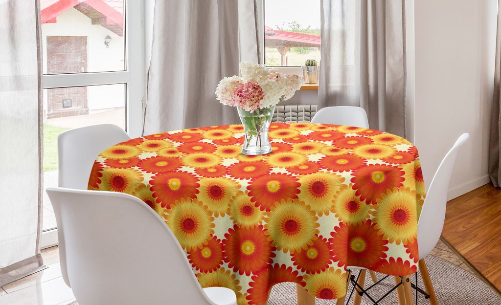 ABAKUHAUS Orange Runde Tischdecke, Gerbera Blütenblätter Grafik, Kreis Tischdecke Abdeckung für Esszimmer Küche Dekoration, 150 cm, Orange Gelb...