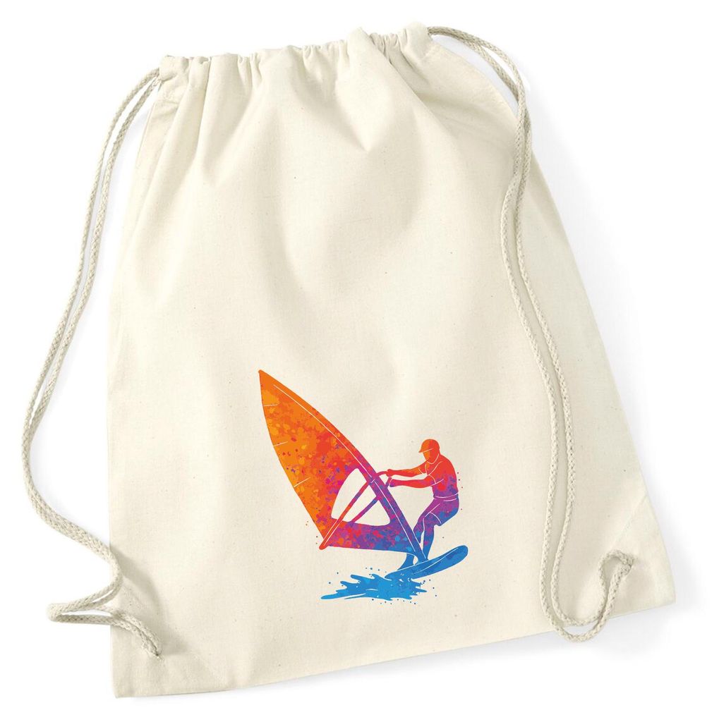 Huuraa Turnbeutel Windsurfen bunte Silhouette 12 Liter Natural Baumwolle Rucksack Geschenkidee