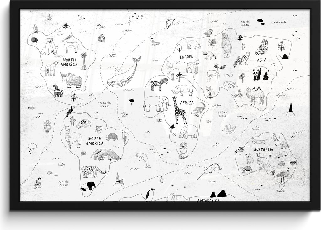 MuchoWow MuchoWow Gerahmtes Poster Weltkarte - Kinder - Weiß - Schwarz 60x40 cm - Poster mit zchwarzem Bilderrahmen - Printing - Wanddeko Schl...