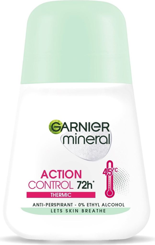 A white roll-on deodorant bottle with a light green cap.