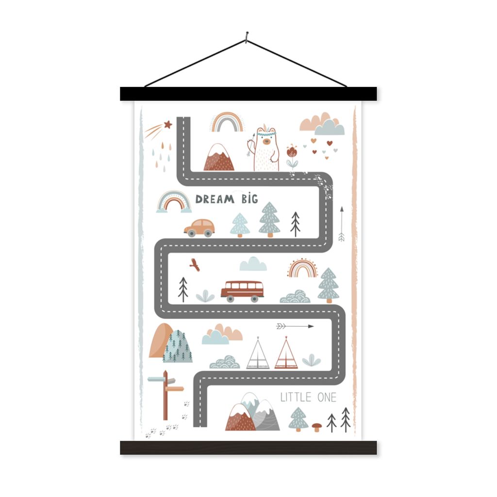 MuchoWow Textilposter Kinder - Auto - Regenbogen - Straßen 60x90 cm mit schwarzem Rahmen - Poster Wohnzimmer