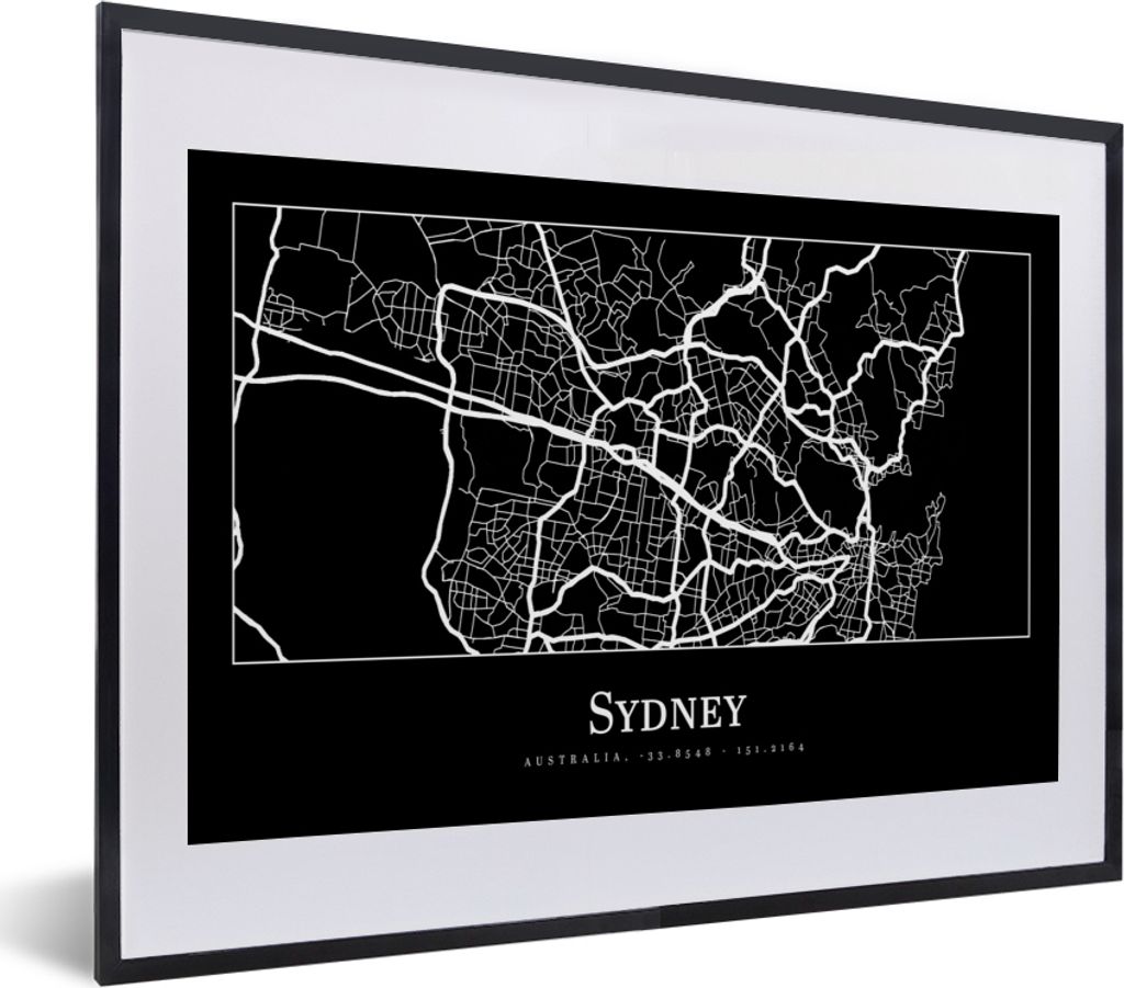 MuchoWow Gerahmtes Poster Karte - Sydney - Stadtplan 40x30 cm - Poster mit Schwarzem Bilderrahmen Wandposter Rahmen Foto Bilder - Bilderrahmen - ...