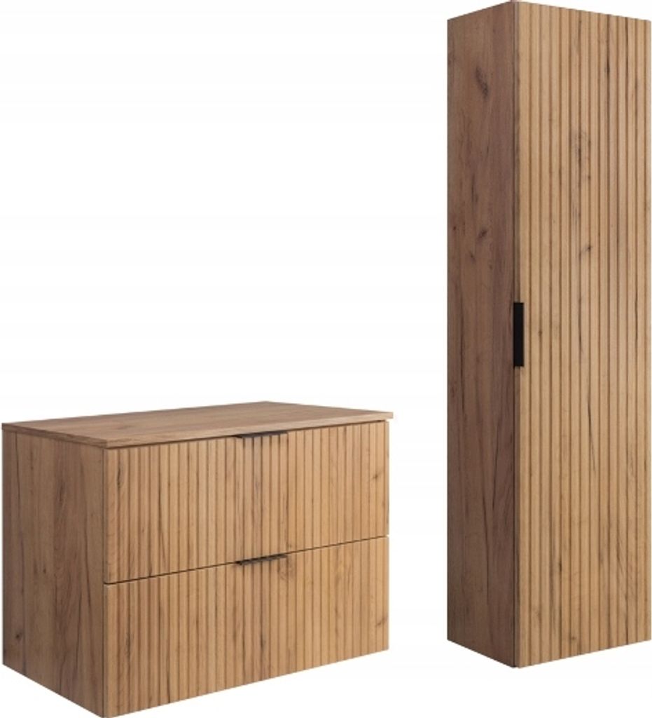 Rodan | Badmöbel Set - Braun Matt - Craft Eiche | 80/57/46 cm & 35/136/27 cm | Waschbeckenunterschränke, Bad Möbel, Hochschrank, Badezimmerschränk