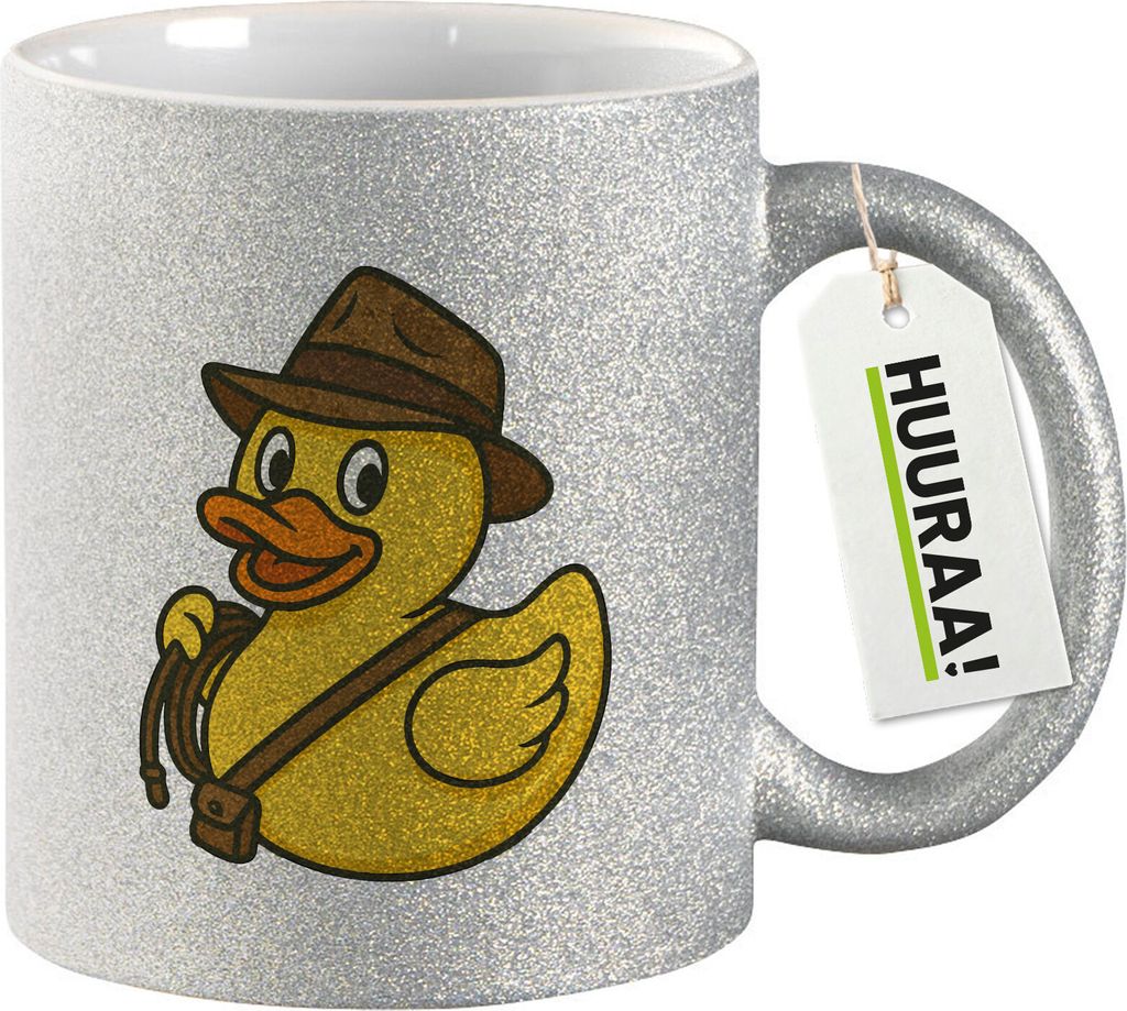 Huuraa Glitzertasse Quietscheente Abenteurer Gummiente Entdecker 330ml Silber Keramik Kaffeebecher Geschenkidee