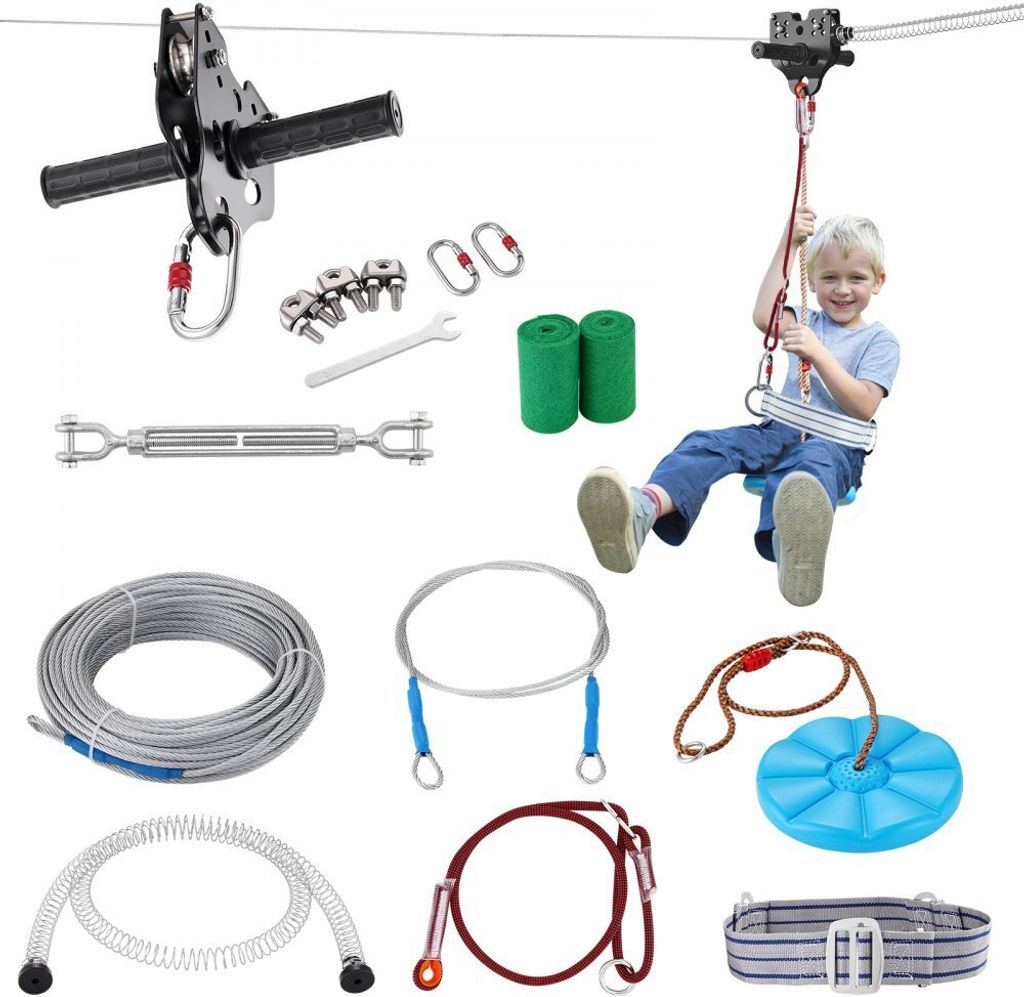 Seilrutsche FunZone - Kinder und Erwachsene Set - 24,38m Zip-Line-Kit bis 226,8kg - Verbessertes Federbremssystem - Spaß für den Garten - Outdoor