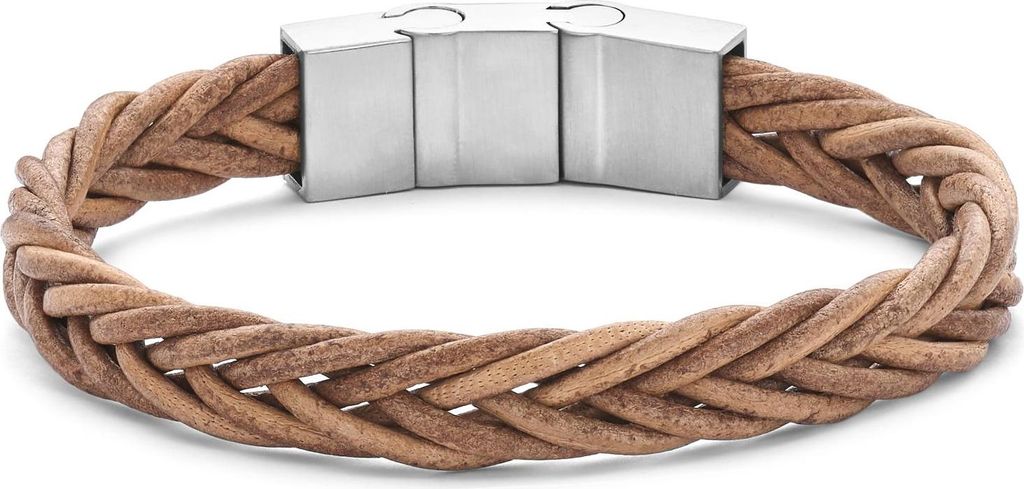 7FB-0813 – Frank 1967 – Heren Armband – Gevlochten Leren Armband – Bruin – Zilverkleurig Geborsteld