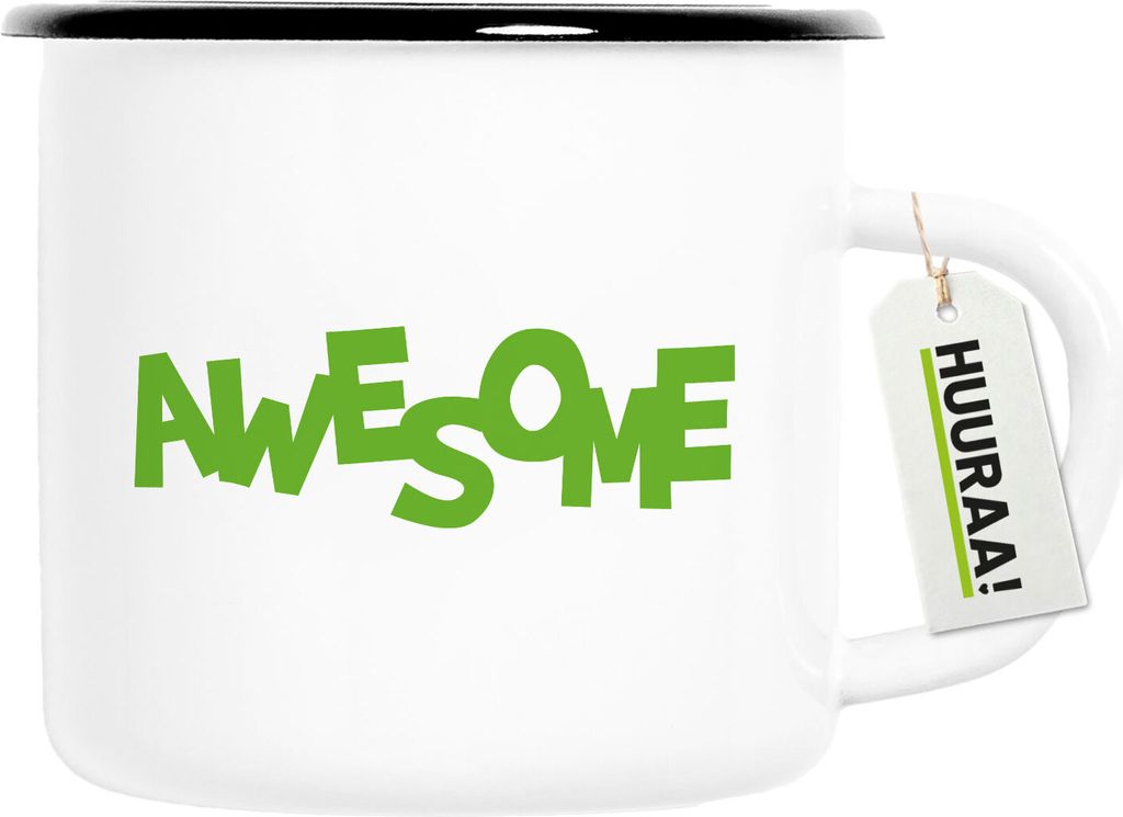 Huuraa Emaille Tasse Awesome Schriftzug 300ml Vintage Campingbecher Geschenkidee