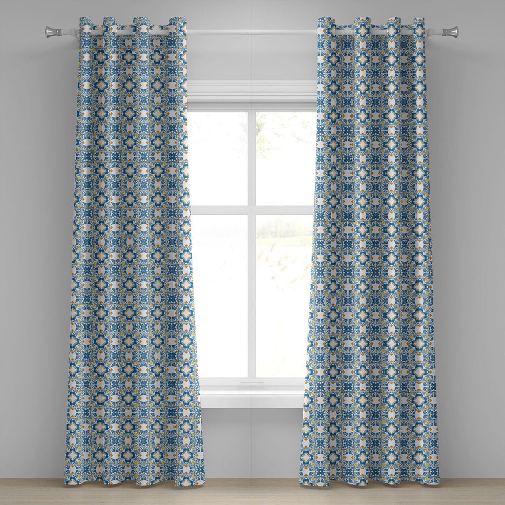 ABAKUHAUS Ethnisch Ösenvorhang, Tunesisches Mosaik mit Azulojo Spanisch Einfluss Authentic Retro Arabesque Inspired Artwork, Dekorative 2-Panel-Fe...