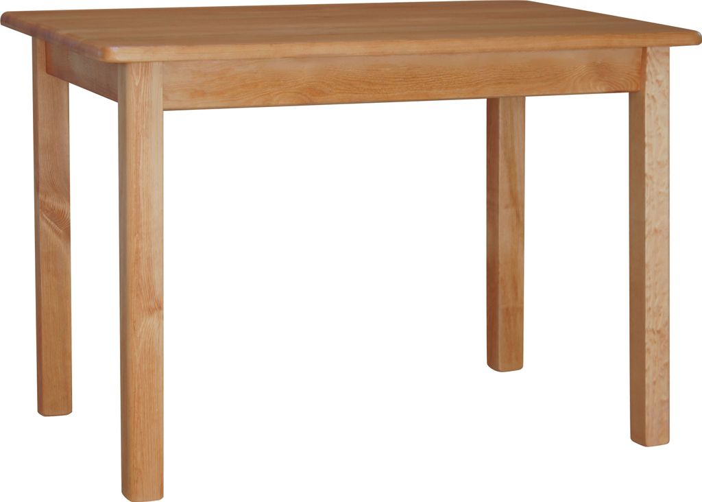 A simple wooden table with four legs on a white background.